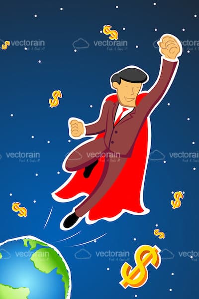 Abstract Superhero Businessman on Space with Dollar Symbols